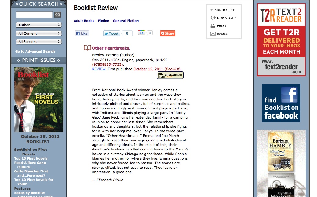 Booklist review of OTHER HEARTBREAKS